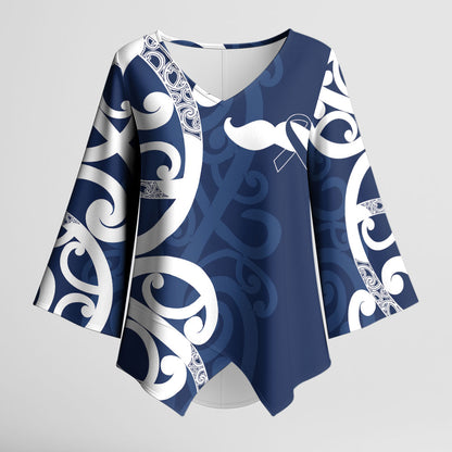 New Zealand Maori Mo Bros Kimono Sleeve Blouse Blue Ribbon With Koru Kowhaiwhai
