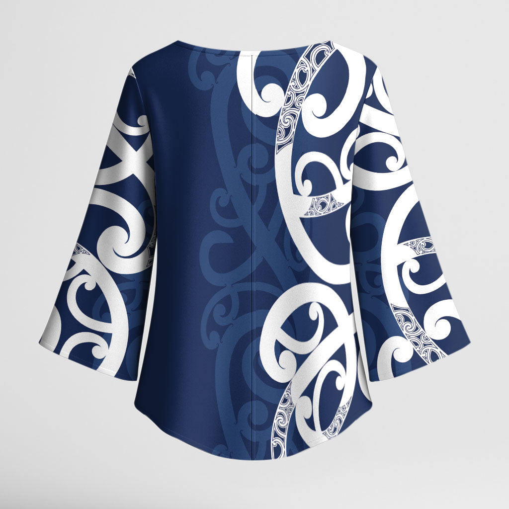 New Zealand Maori Mo Bros Kimono Sleeve Blouse Blue Ribbon With Koru Kowhaiwhai