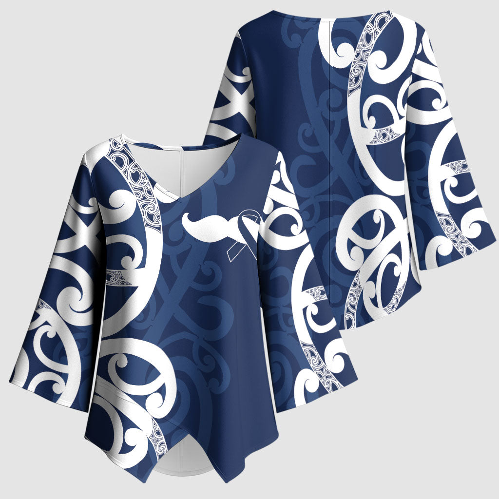 New Zealand Maori Mo Bros Kimono Sleeve Blouse Blue Ribbon With Koru Kowhaiwhai