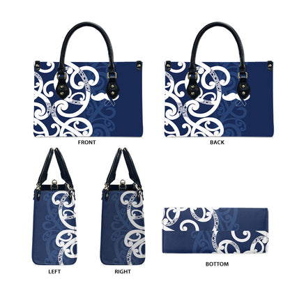 New Zealand Maori Mo Bros Leather Bag Blue Ribbon With Koru Kowhaiwhai