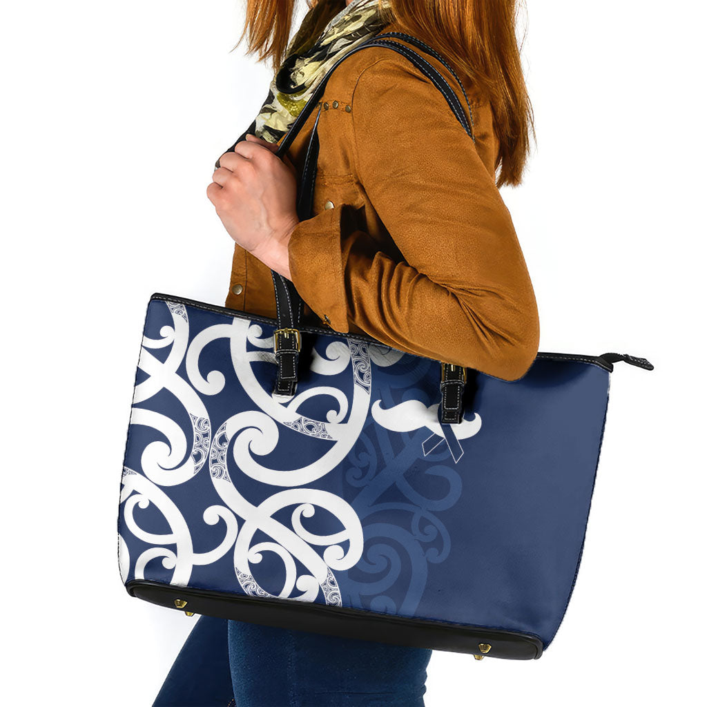 New Zealand Maori Mo Bros Leather Tote Bag Blue Ribbon With Koru Kowhaiwhai