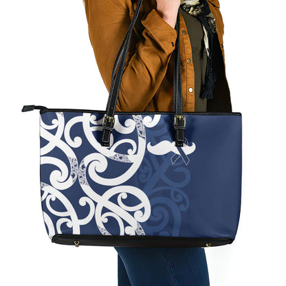 New Zealand Maori Mo Bros Leather Tote Bag Blue Ribbon With Koru Kowhaiwhai