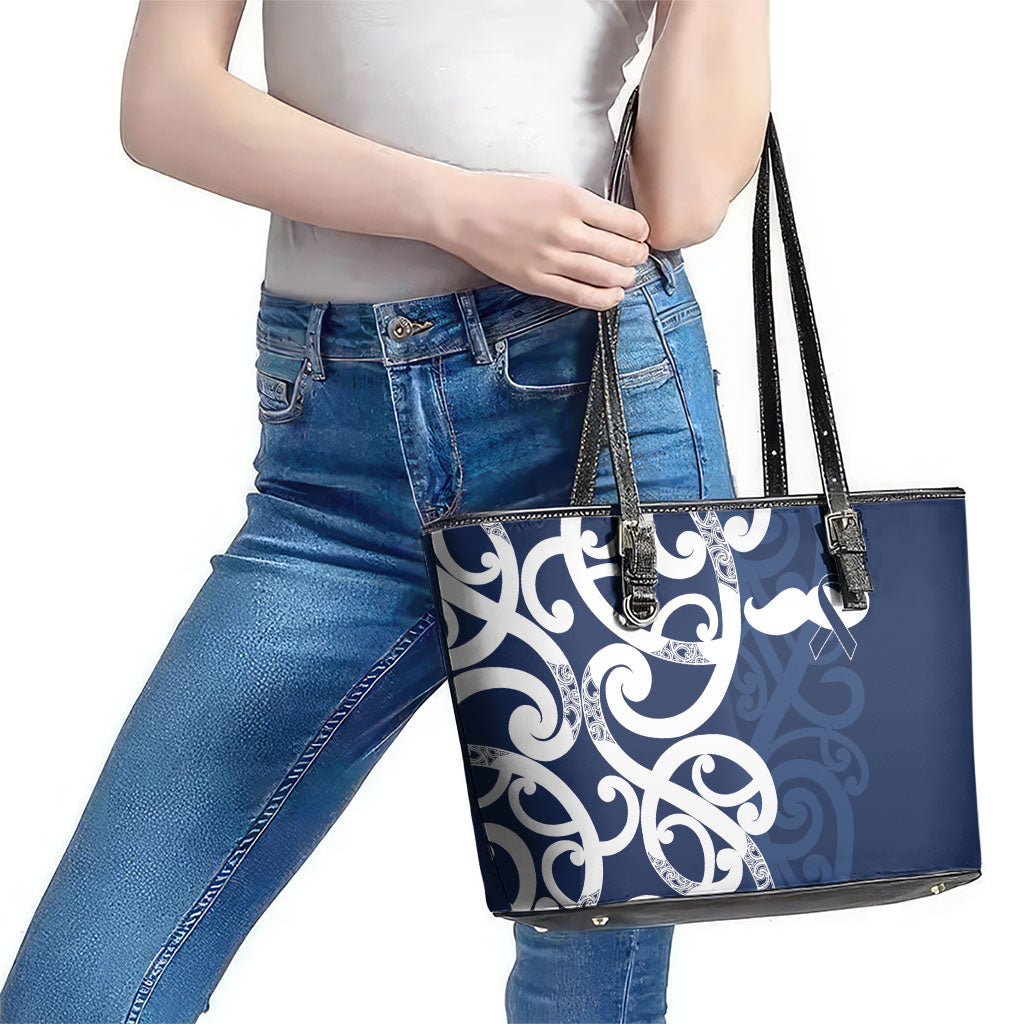 New Zealand Maori Mo Bros Leather Tote Bag Blue Ribbon With Koru Kowhaiwhai