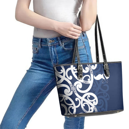 New Zealand Maori Mo Bros Leather Tote Bag Blue Ribbon With Koru Kowhaiwhai