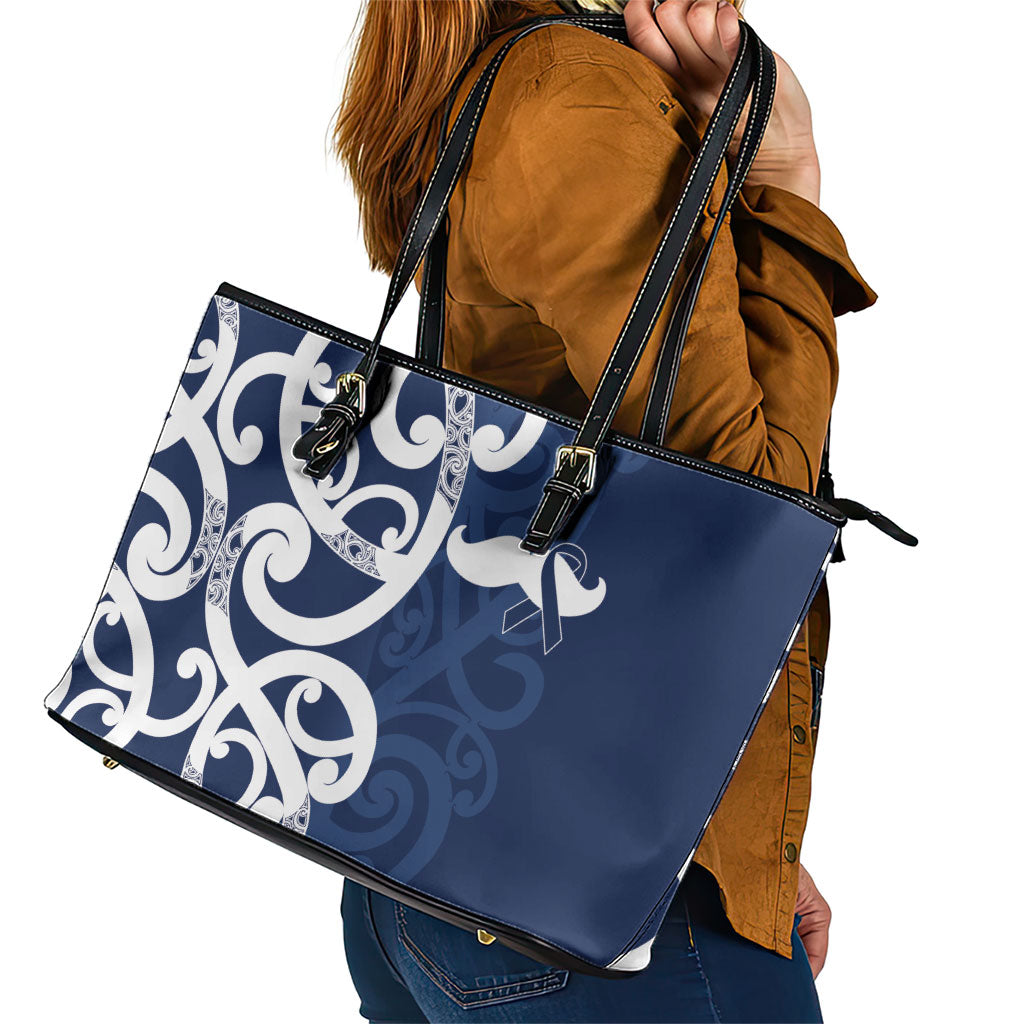 New Zealand Maori Mo Bros Leather Tote Bag Blue Ribbon With Koru Kowhaiwhai
