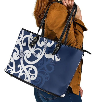 New Zealand Maori Mo Bros Leather Tote Bag Blue Ribbon With Koru Kowhaiwhai