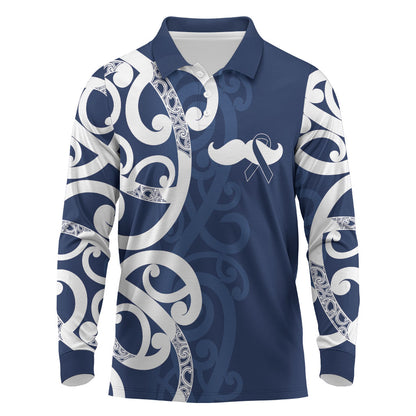 New Zealand Maori Mo Bros Long Sleeve Polo Shirt Blue Ribbon With Koru Kowhaiwhai