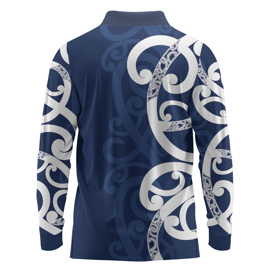 New Zealand Maori Mo Bros Long Sleeve Polo Shirt Blue Ribbon With Koru Kowhaiwhai