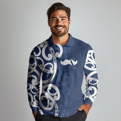 New Zealand Maori Mo Bros Long Sleeve Polo Shirt Blue Ribbon With Koru Kowhaiwhai
