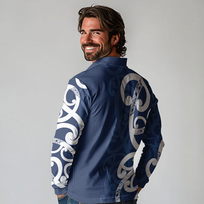 New Zealand Maori Mo Bros Long Sleeve Polo Shirt Blue Ribbon With Koru Kowhaiwhai