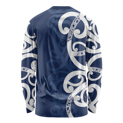 New Zealand Maori Mo Bros Long Sleeve Shirt Blue Ribbon With Koru Kowhaiwhai