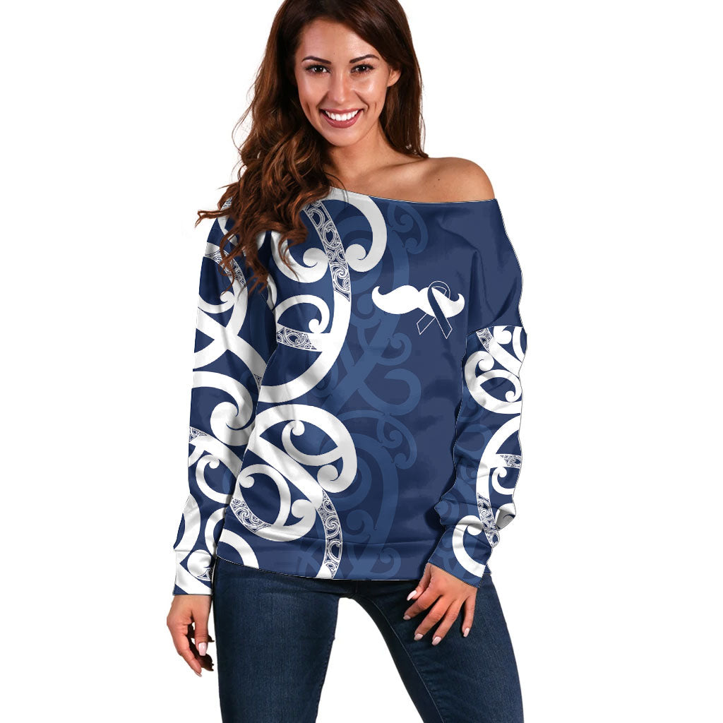 New Zealand Maori Mo Bros Off Shoulder Sweater Blue Ribbon With Koru Kowhaiwhai