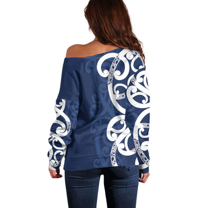 New Zealand Maori Mo Bros Off Shoulder Sweater Blue Ribbon With Koru Kowhaiwhai