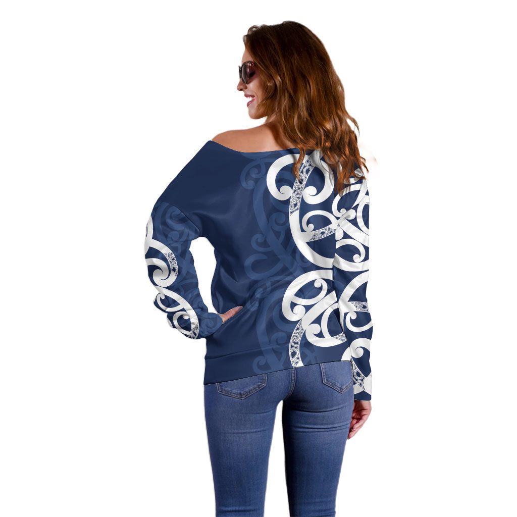 New Zealand Maori Mo Bros Off Shoulder Sweater Blue Ribbon With Koru Kowhaiwhai