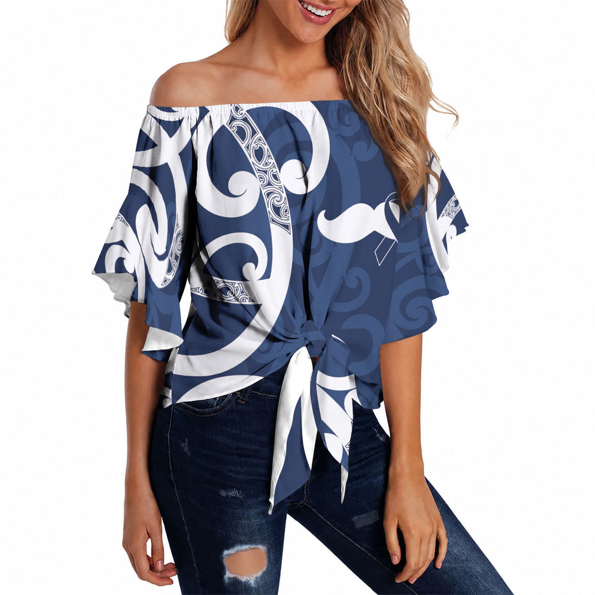 New Zealand Maori Mo Bros Off Shoulder Wrap Waist Top Blue Ribbon With Koru Kowhaiwhai
