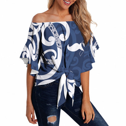 New Zealand Maori Mo Bros Off Shoulder Wrap Waist Top Blue Ribbon With Koru Kowhaiwhai