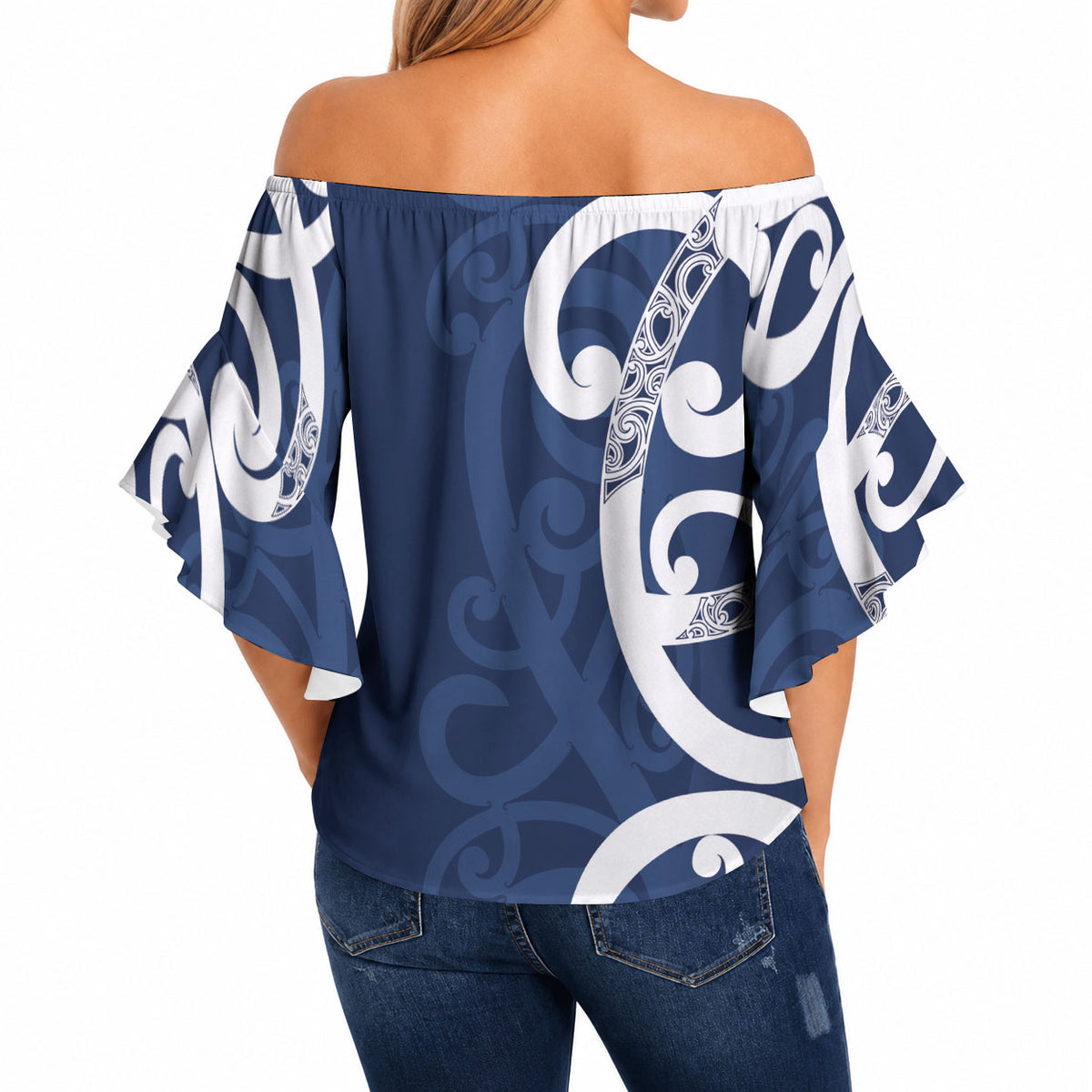 New Zealand Maori Mo Bros Off Shoulder Wrap Waist Top Blue Ribbon With Koru Kowhaiwhai