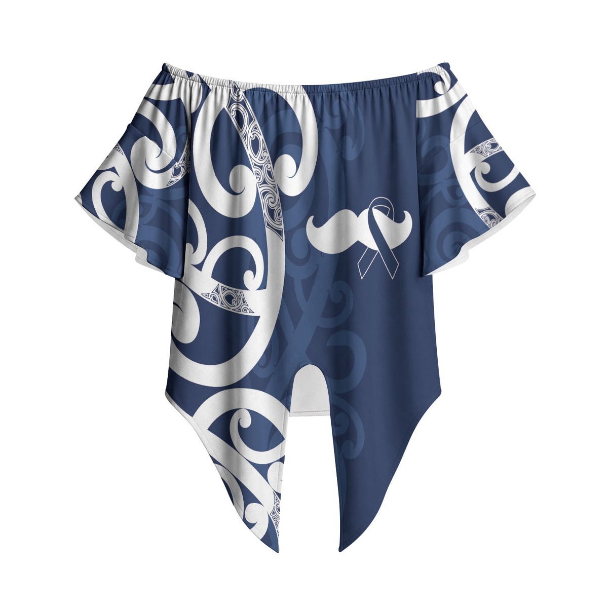 New Zealand Maori Mo Bros Off Shoulder Wrap Waist Top Blue Ribbon With Koru Kowhaiwhai