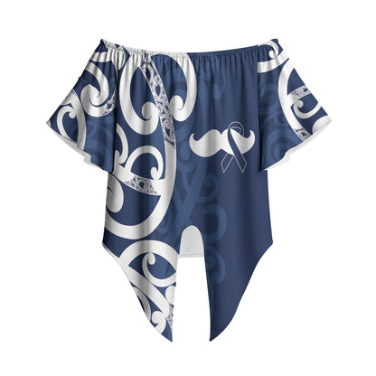 New Zealand Maori Mo Bros Off Shoulder Wrap Waist Top Blue Ribbon With Koru Kowhaiwhai