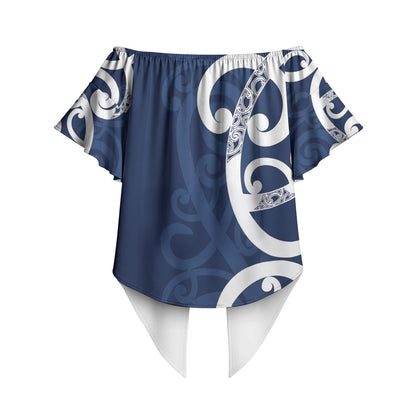 New Zealand Maori Mo Bros Off Shoulder Wrap Waist Top Blue Ribbon With Koru Kowhaiwhai