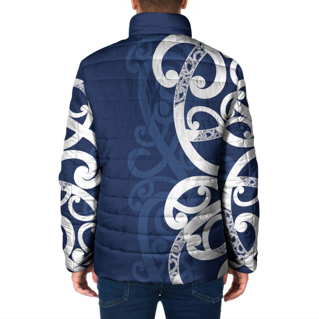 New Zealand Maori Mo Bros Padded Jacket Blue Ribbon With Koru Kowhaiwhai