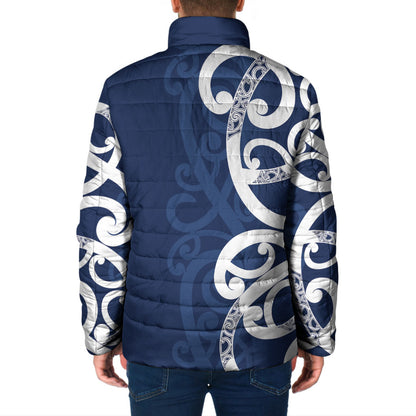 New Zealand Maori Mo Bros Padded Jacket Blue Ribbon With Koru Kowhaiwhai
