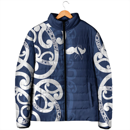 New Zealand Maori Mo Bros Padded Jacket Blue Ribbon With Koru Kowhaiwhai