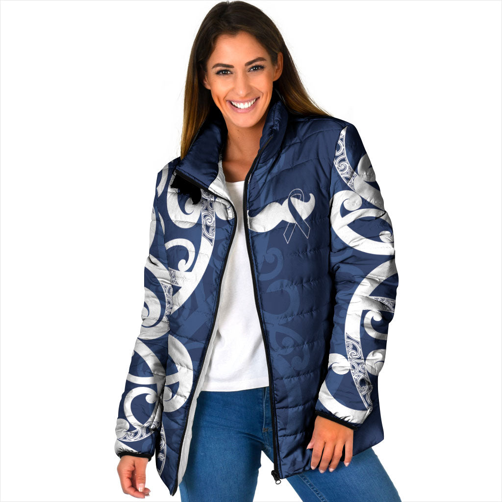 New Zealand Maori Mo Bros Padded Jacket Blue Ribbon With Koru Kowhaiwhai