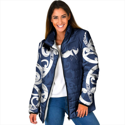 New Zealand Maori Mo Bros Padded Jacket Blue Ribbon With Koru Kowhaiwhai