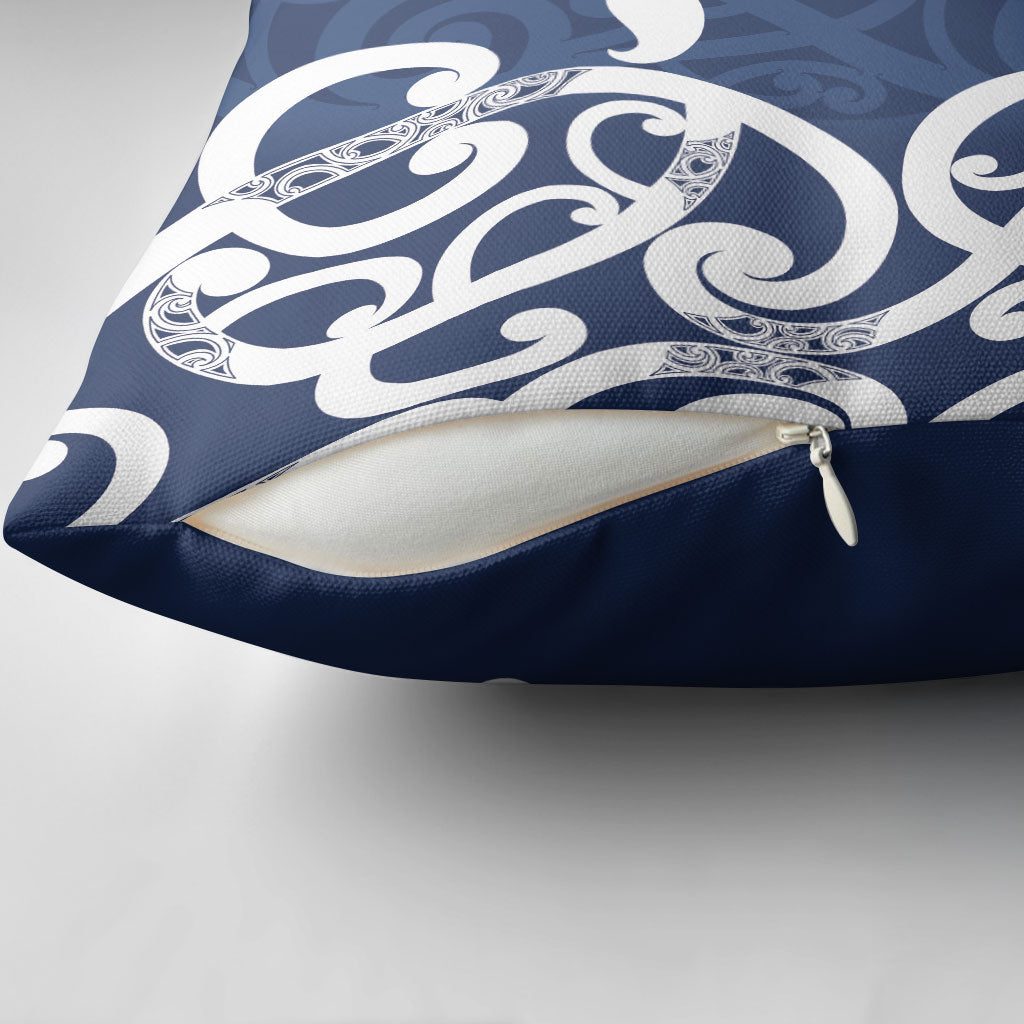 New Zealand Maori Mo Bros Pillow Cover Blue Ribbon With Koru Kowhaiwhai
