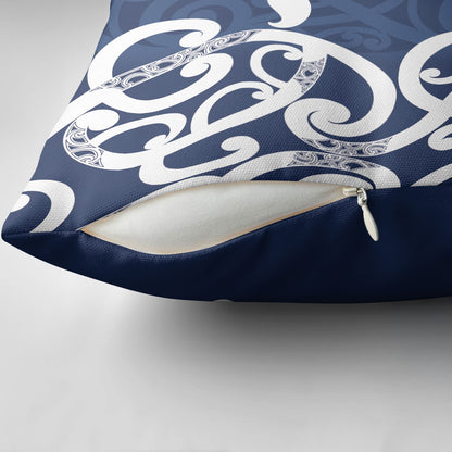 New Zealand Maori Mo Bros Pillow Cover Blue Ribbon With Koru Kowhaiwhai