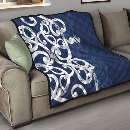 New Zealand Maori Mo Bros Quilt Blue Ribbon With Koru Kowhaiwhai