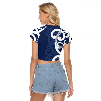New Zealand Maori Mo Bros Raglan Cropped T Shirt Blue Ribbon With Koru Kowhaiwhai
