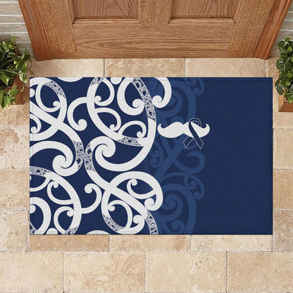 New Zealand Maori Mo Bros Rubber Doormat Blue Ribbon With Koru Kowhaiwhai