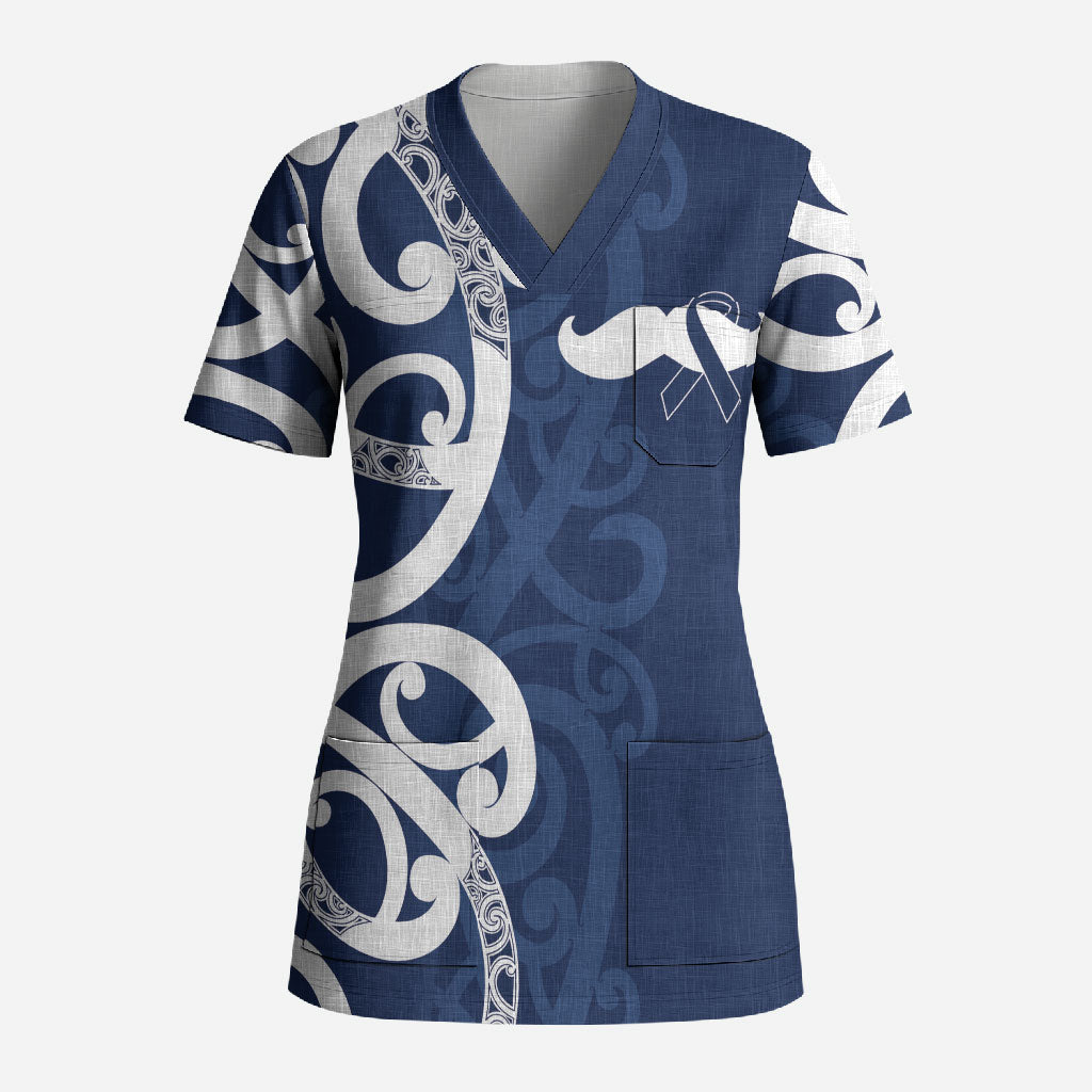 New Zealand Maori Mo Bros Scrub Top Blue Ribbon With Koru Kowhaiwhai