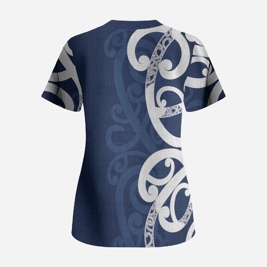 New Zealand Maori Mo Bros Scrub Top Blue Ribbon With Koru Kowhaiwhai