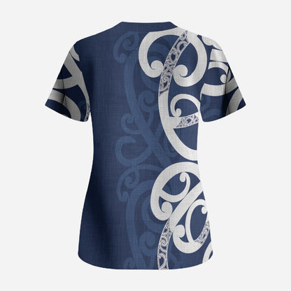 New Zealand Maori Mo Bros Scrub Top Blue Ribbon With Koru Kowhaiwhai