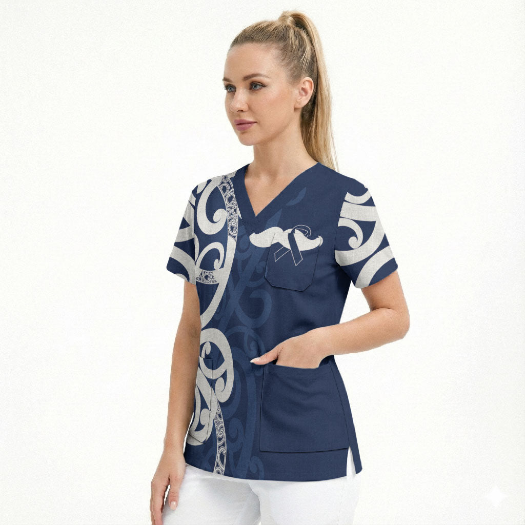 New Zealand Maori Mo Bros Scrub Top Blue Ribbon With Koru Kowhaiwhai