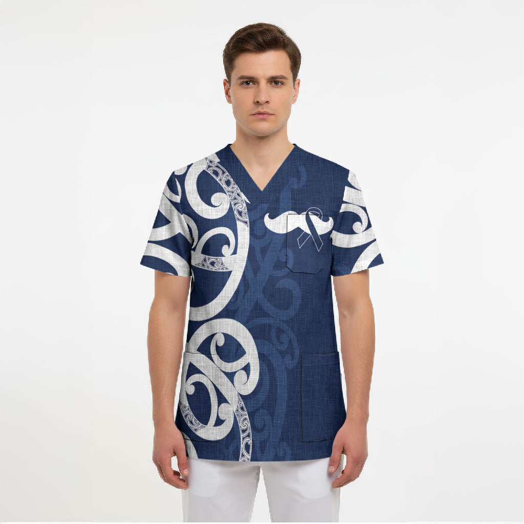 New Zealand Maori Mo Bros Scrub Top Blue Ribbon With Koru Kowhaiwhai