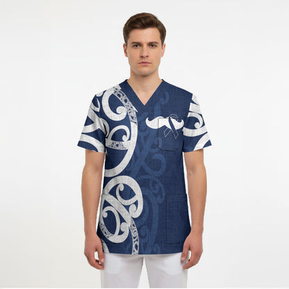 New Zealand Maori Mo Bros Scrub Top Blue Ribbon With Koru Kowhaiwhai