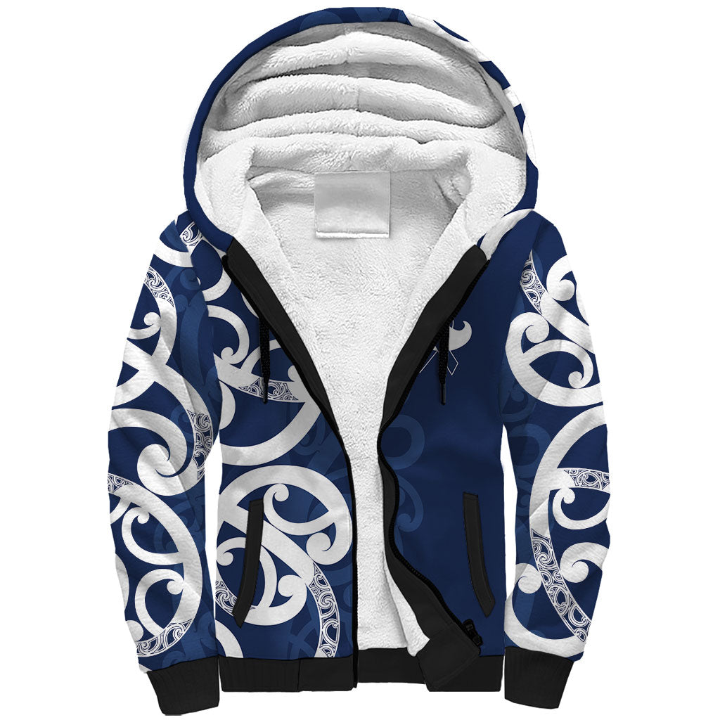 New Zealand Maori Mo Bros Sherpa Hoodie Blue Ribbon With Koru Kowhaiwhai