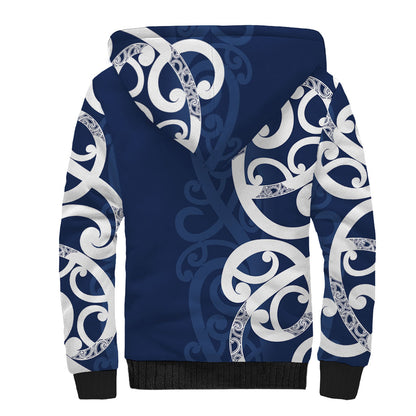 New Zealand Maori Mo Bros Sherpa Hoodie Blue Ribbon With Koru Kowhaiwhai