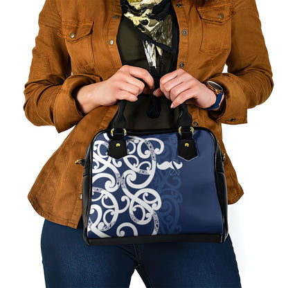 New Zealand Maori Mo Bros Shoulder Handbag Blue Ribbon With Koru Kowhaiwhai