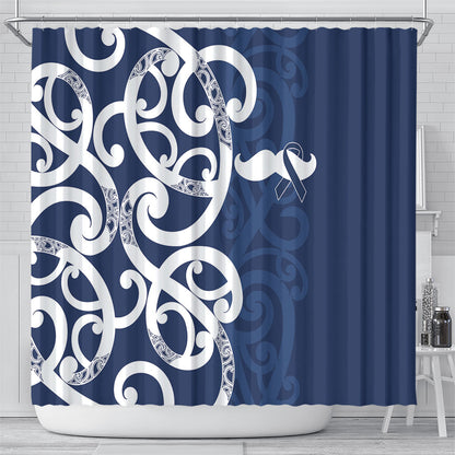New Zealand Maori Mo Bros Shower Curtain Blue Ribbon With Koru Kowhaiwhai