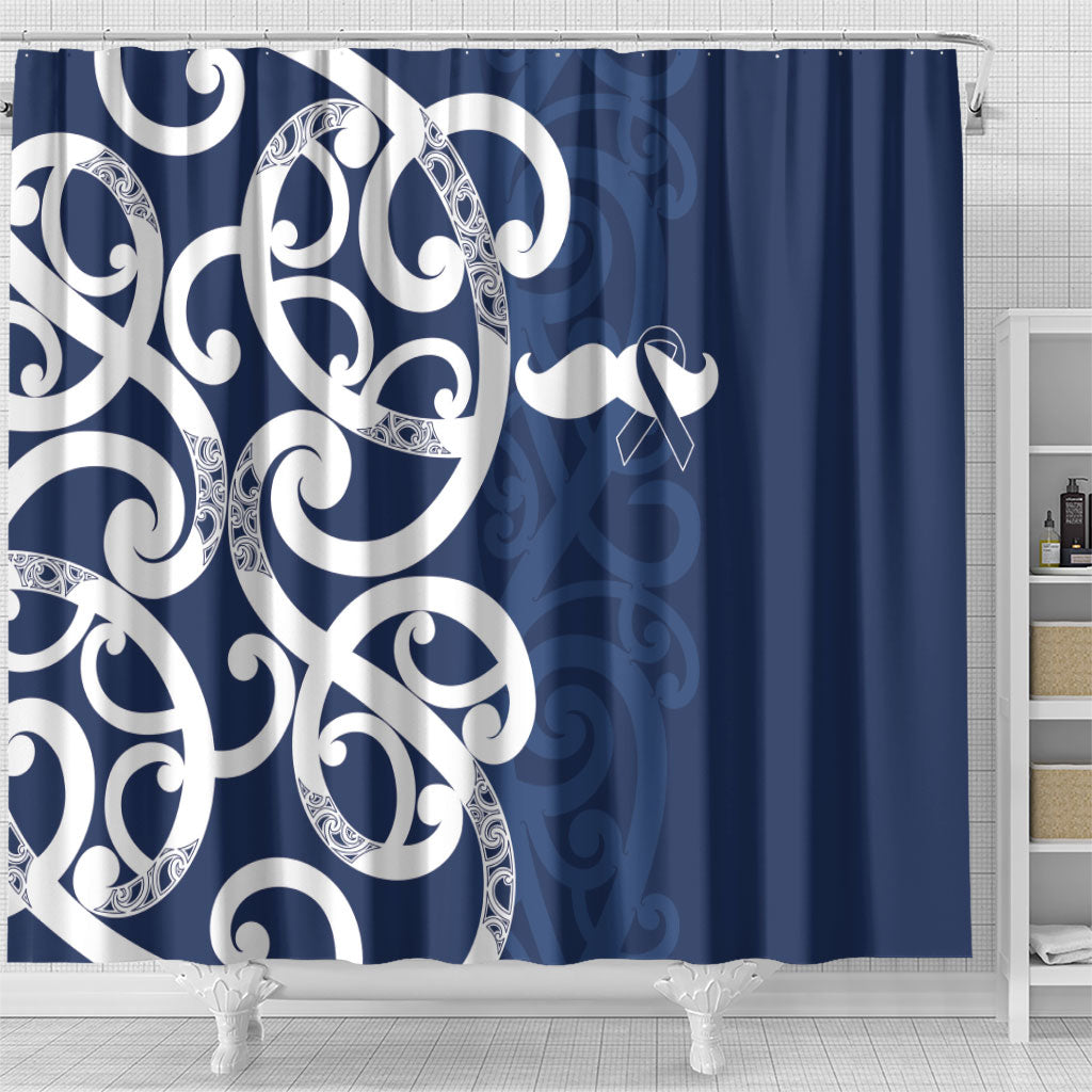 New Zealand Maori Mo Bros Shower Curtain Blue Ribbon With Koru Kowhaiwhai