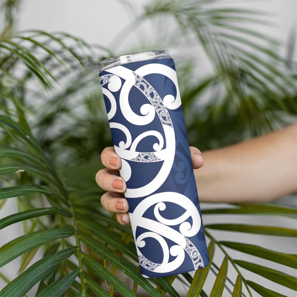 New Zealand Maori Mo Bros Skinny Tumbler Blue Ribbon With Koru Kowhaiwhai