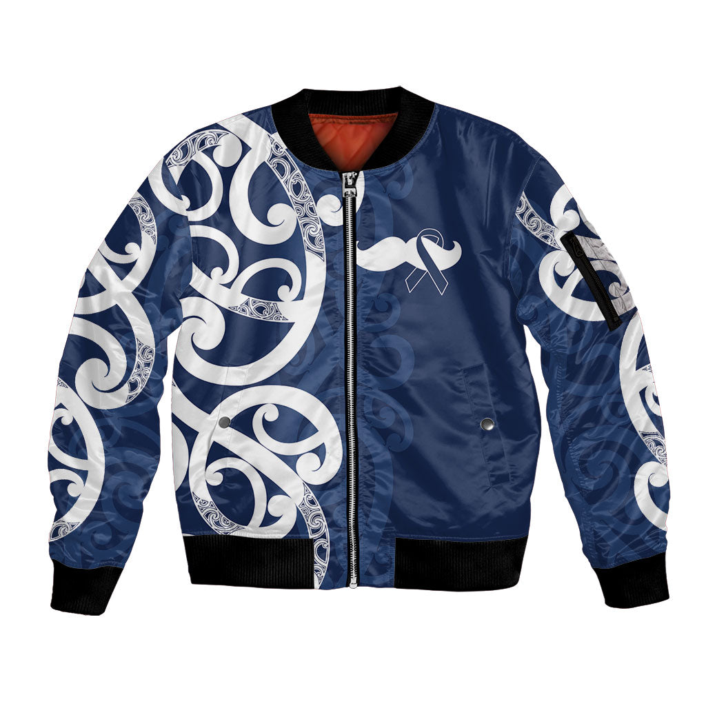 New Zealand Maori Mo Bros Sleeve Zip Bomber Jacket Blue Ribbon With Koru Kowhaiwhai