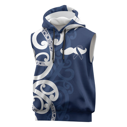 New Zealand Maori Mo Bros Sleeveless Hoodie Blue Ribbon With Koru Kowhaiwhai