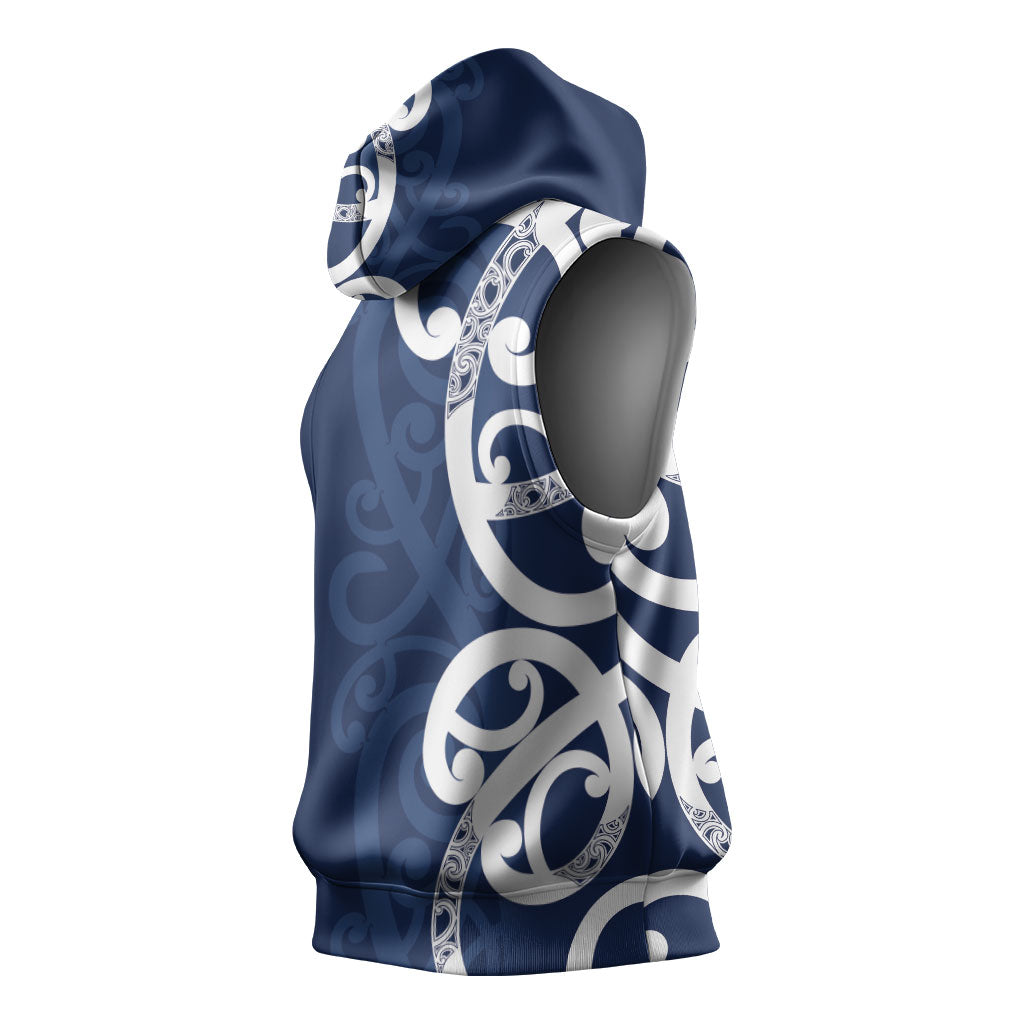 New Zealand Maori Mo Bros Sleeveless Hoodie Blue Ribbon With Koru Kowhaiwhai