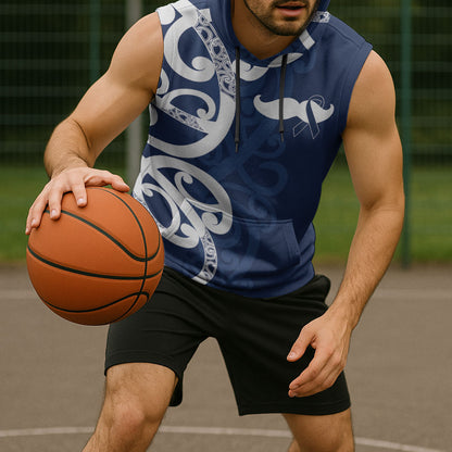 New Zealand Maori Mo Bros Sleeveless Hoodie Blue Ribbon With Koru Kowhaiwhai